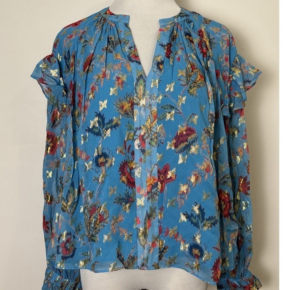 Derek‎ Lam 10 Crosby Boho Floral Sheer Ruffle Top XS Peasant Festival Flowy